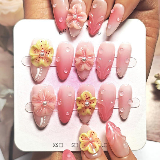 Handmade Acrylic Press On Nails Almond, Short Almond Press On Nails Pink, Ombre 3D Flower Nails For Women Gift, Reusable Stick On Fake Nails Kit With Nail Glue(3D Floral Blush-M)