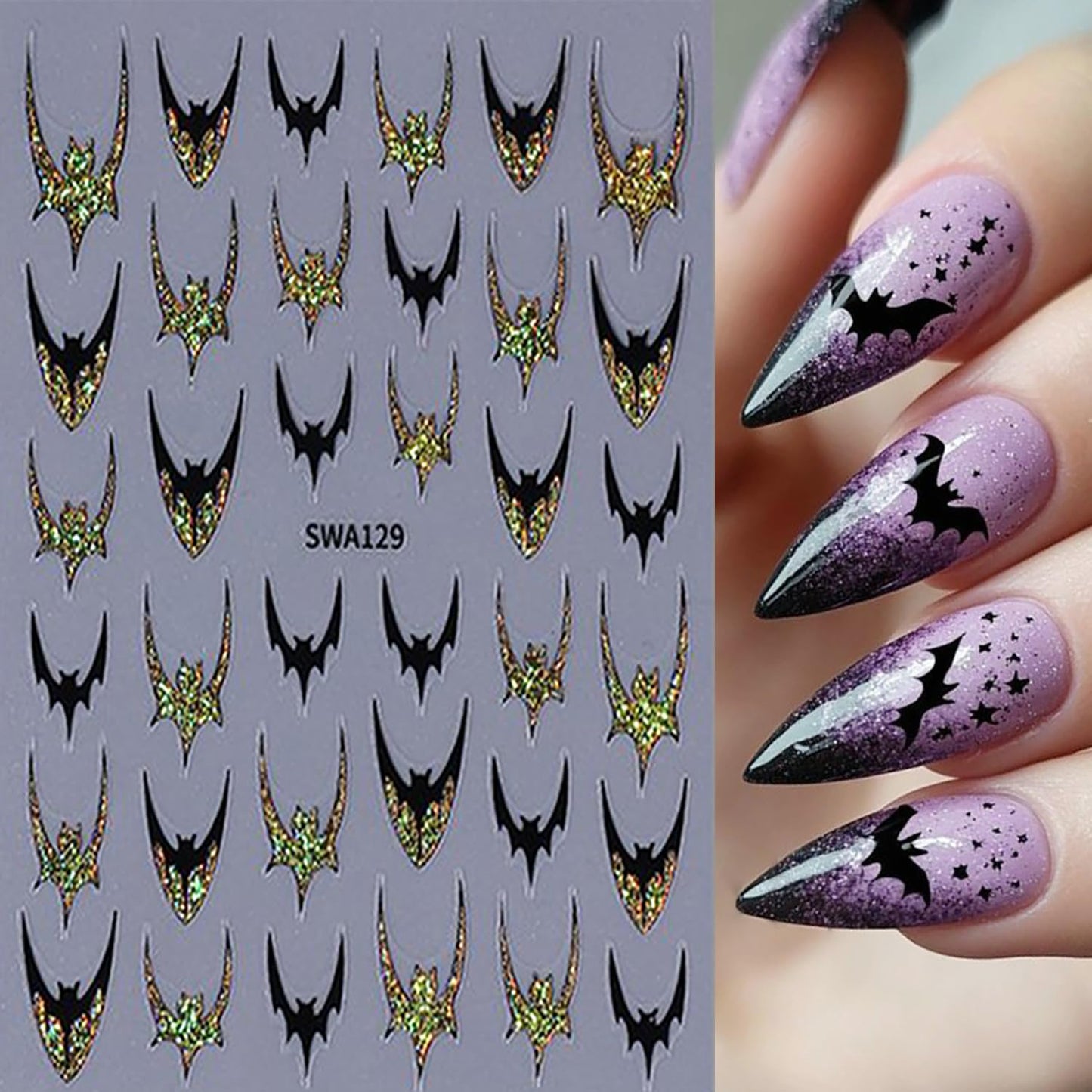 CJDLTS 6 Sheets Halloween Nail Art Stickers 3D Self -Adhesive Bat Nail Decals Holographic Hot Stamping Gold Silver Bat Nail Stickers Halloween French Nail Decoration for Women Manicure Supplies