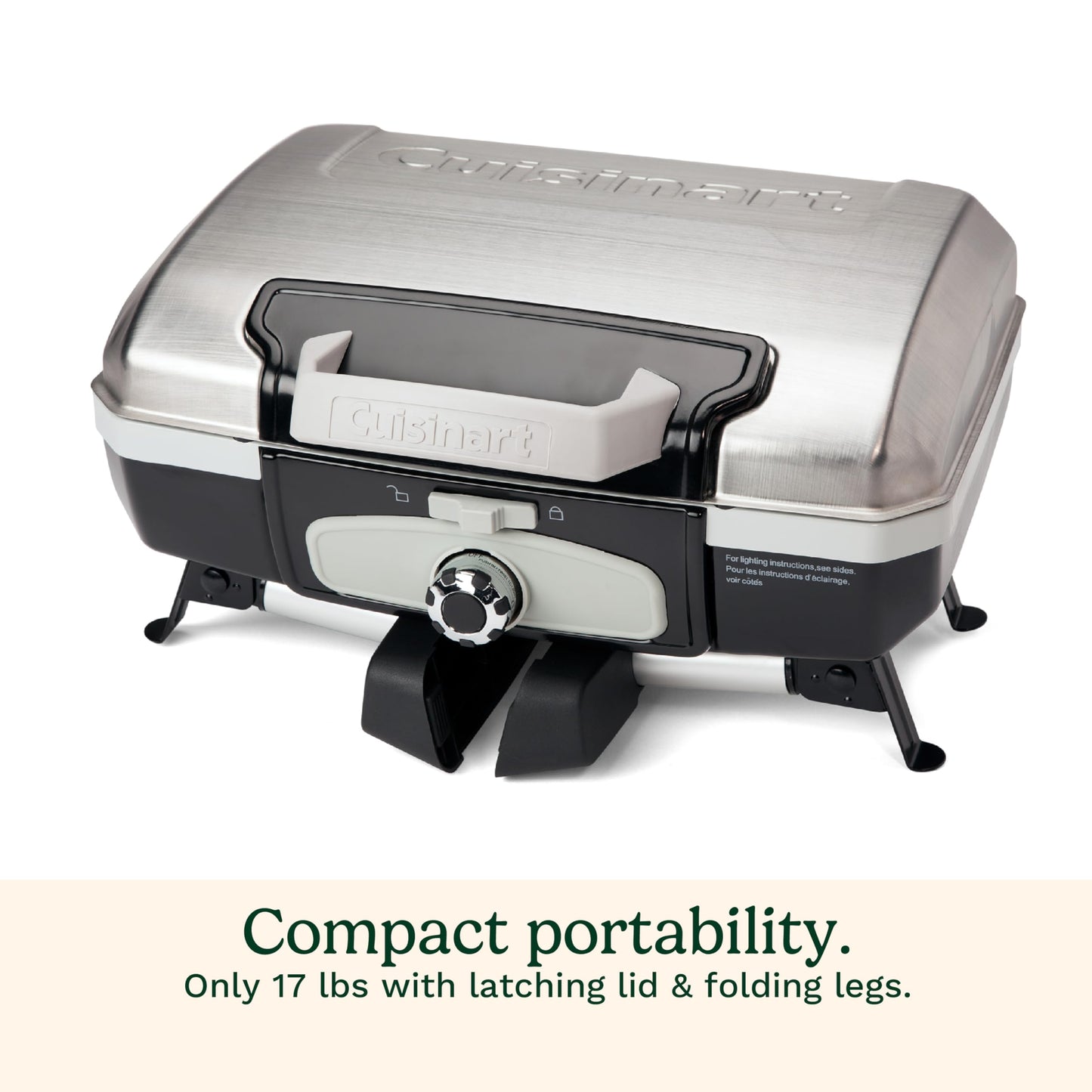 Cuisinart Petite Gourmet Portable Gas Grill, Compact Portable Grill Propane, 150 Sq. In. Cooking Surface, 5,500 BTU Burner Small Gas Grills for Camping, BBQ, Folding Legs and Carry Handles, Stainless