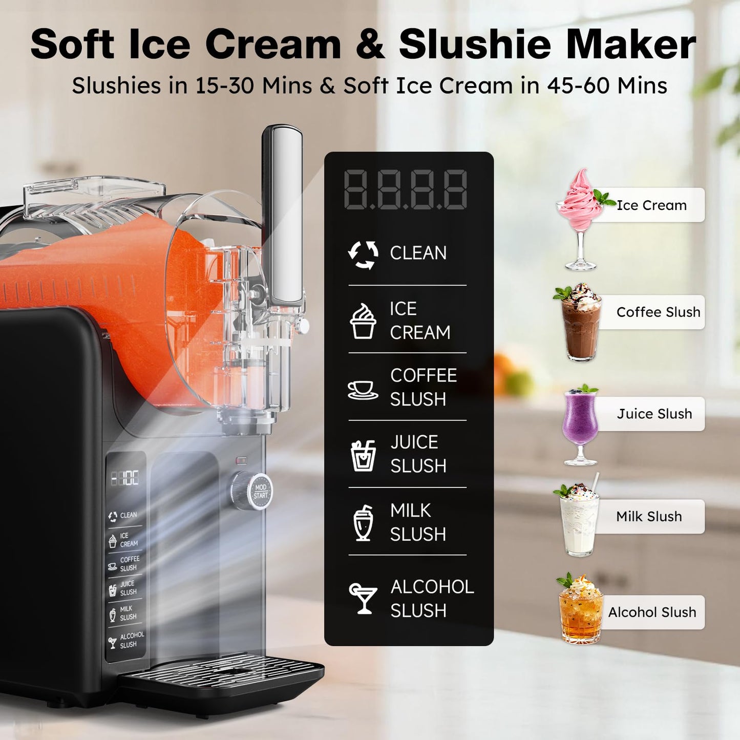 Slushie Machine for Home, 85oz Slushy and Ice Cream Maker No Ice Needed, Frozen Drink Maker with 5 Presets, Quiet, Auto-Clean, LED Display, Slushy Machine for Margaritas,Milkshakes,Frappés and More