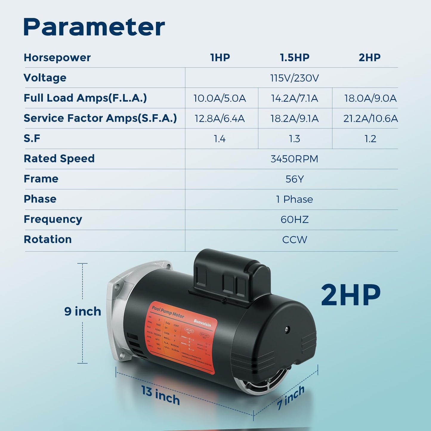 Bonvoisin 1HP Pool Pump Motor 56Y Frame 3450 RPM CCW Rotation Square Flange Replacement Motor with 80μF/300V Capacitor for Above Ground and Underground Swimming Pools 115V/230V