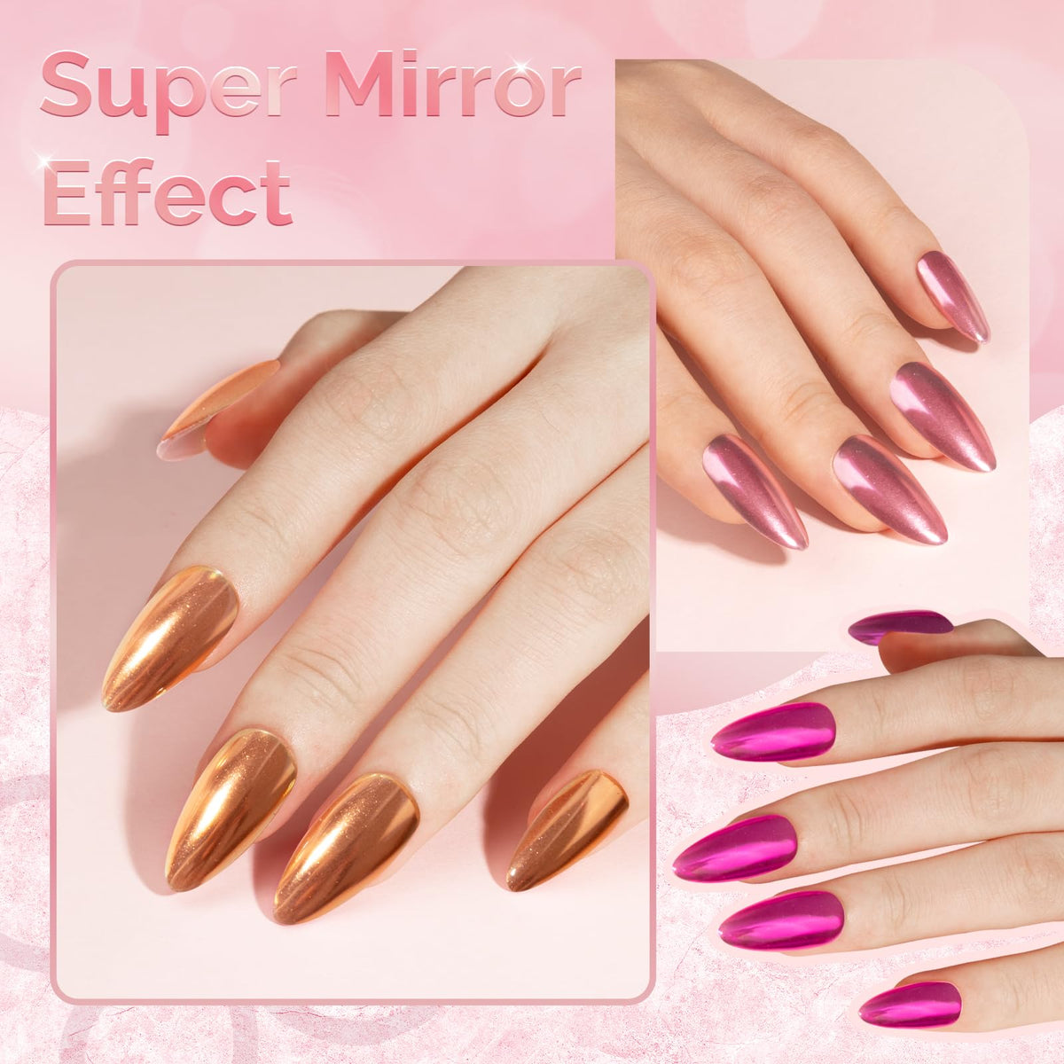 MelodySusie 9Pcs Chrome Nail Powder for Gel Nails,Metallic Mirror Effect Pigment Stylish and Technological Fine Glitter for Home DIY Salon Use