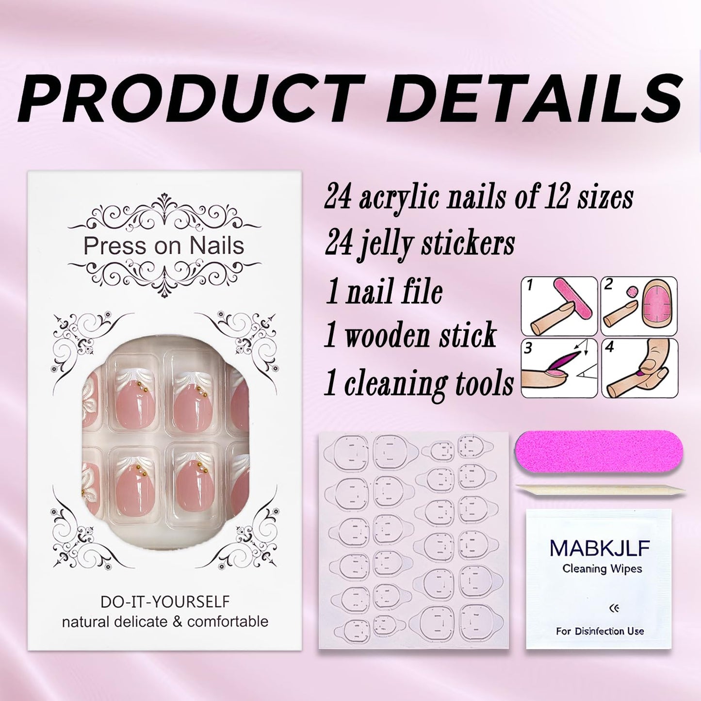 Square Press on Nails Short MABKJLF French Tip Fake Nails 3D Handmade False Nails with Flower Gold Bead Designs White Glossy Glue on Nail Acrylic Nails for Women Girls 24Pcs