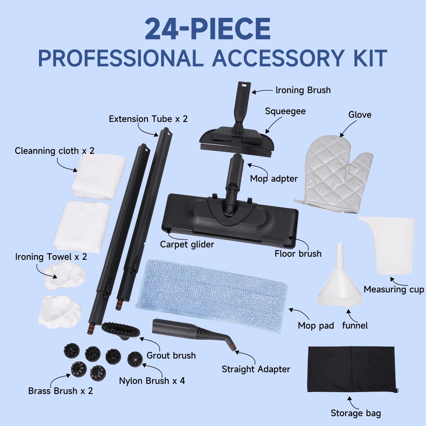 Steam Cleaner with 24-Piece Attachments, Multipurpose Steamer Mop for Home, Floor, Car, Grout, Tile, Furniture, Carpet, Couch, Window, Wall, Upholstery, Oven Grease, Canister, 1.5L Tank