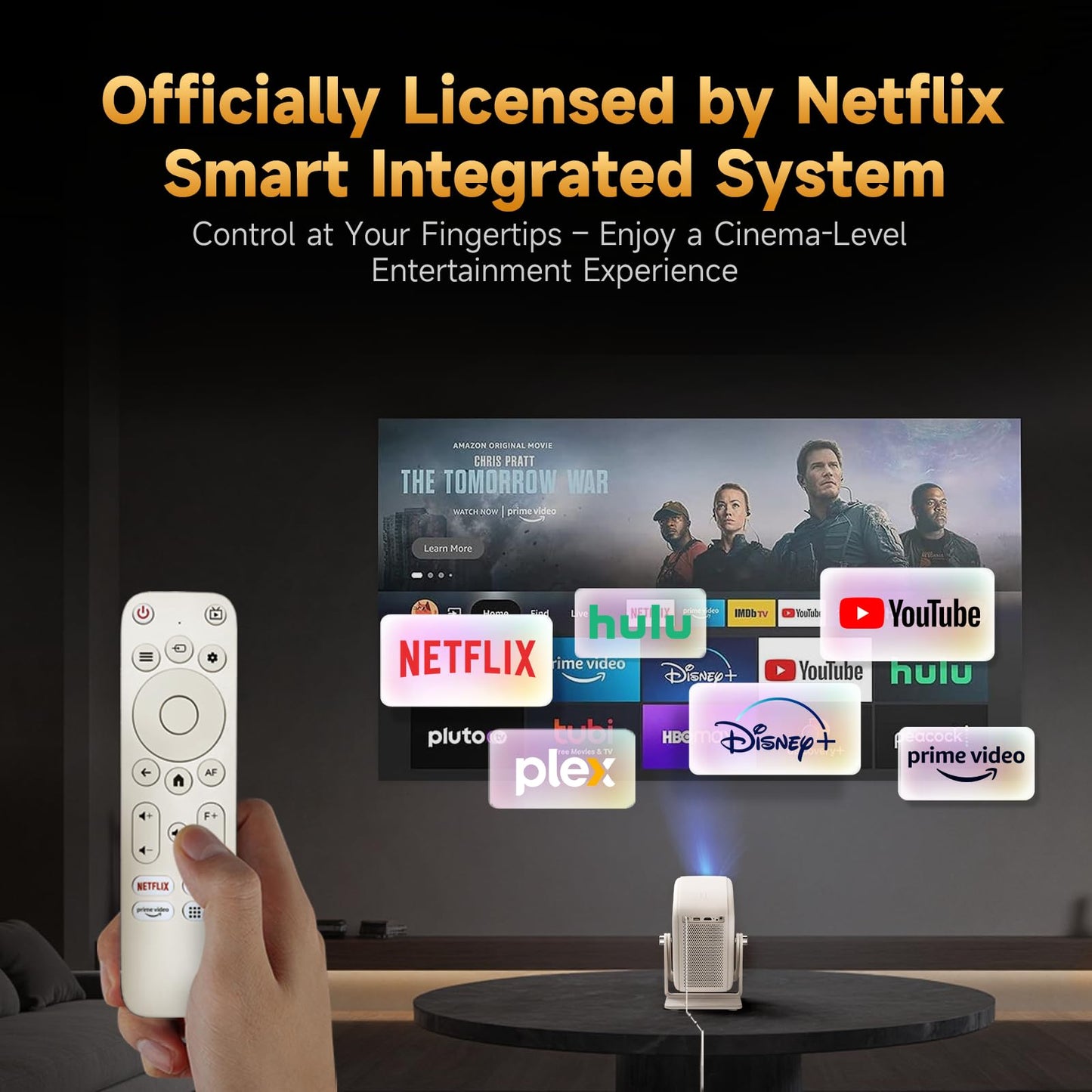4K Projector [1500 ANSI/ Official-NetfIix] OBE Smart Projector with WiFi 6 & 5.3 Bluetooth, TOF Real-Time Focus Keystone, Portable Projector with Prime Video/ YouTube, 200" Display, HDR 10, 180° Stand