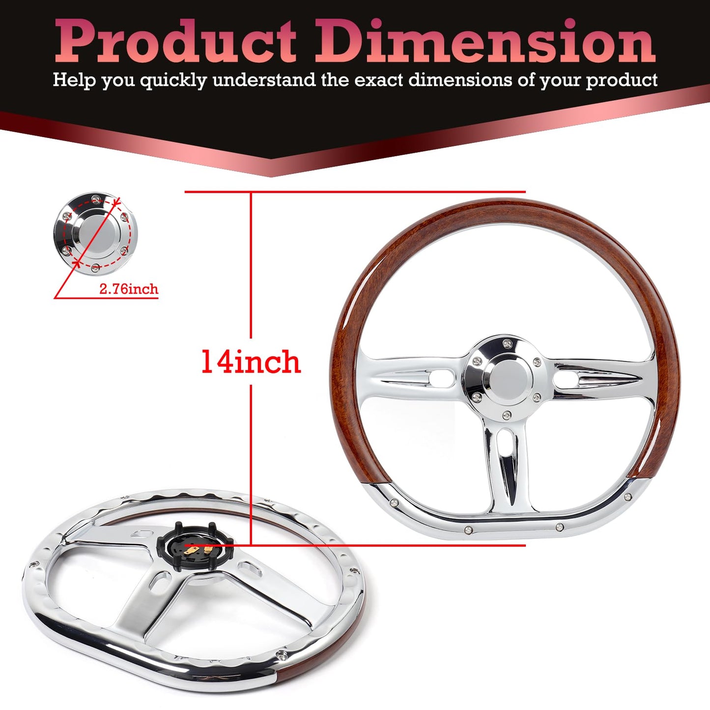 Fanower 14Inch Wood D-Shape Universal Steering Wheel - Chrome-Plated Aluminum Alloy 3 Spokes 6 Holes 50mm Deep Dish for Racing Car Classic Car Vintage Car 350mm Universal Wood Grain Steering Wheel