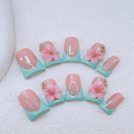 Duck Press on Nails Handmade 3D Pink White Flower Fake Nails Muti-Layer Soft Gel Short Blue French Tip Acrylic Nails Salon Quality Handmade False Nail Press Ons Luxury Stick on Nail for Women (S)