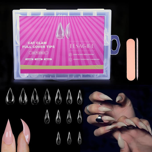 280 Pcs Cat Claw Short Curved Stiletto Nail Dual Forms for Poly Gel Extension of 14 sizes 3D Eagle Hawk Curve Sculptural Acrylic Nails, Reusable Full Cover Molds Nail Art Design