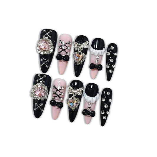 Hantyer Gothic Punk Press on Nails, Long Stiletto Matte Black & Pink Nails, Silver Gothic Charms, Pink Rhinestones & 3D Art, Salon Nails Reusable & Easy Apply for Parties & Night Events (Size M)