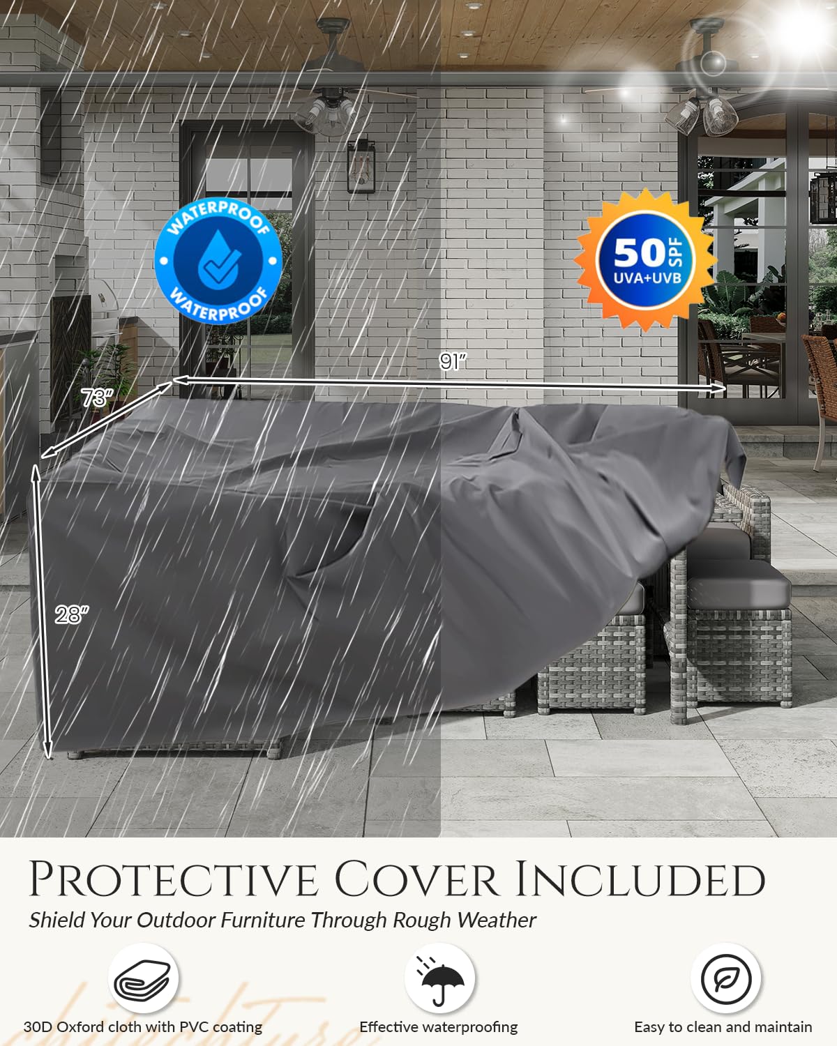 U-MAX 7 Pieces Patio Furniture Set with Waterproof Cover, Outdoor Sectional Sofa Conversation Set, All Weather Wicker Rattan Dining Table & Chair with Ottoman, Grey Rattan&Grey Cushion