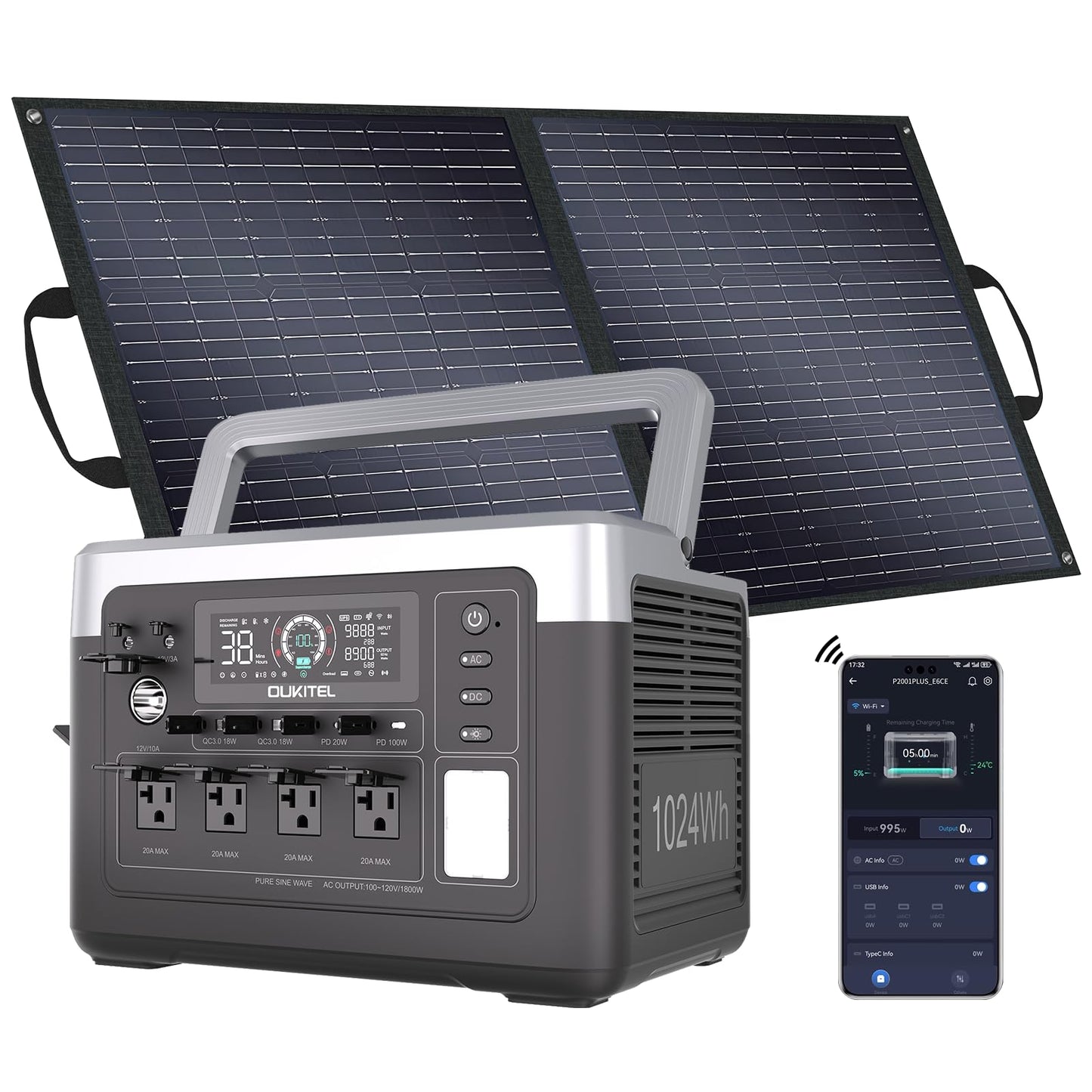 OUKITEL P1000 Plus 1024Wh Solar Generator with 4 AC Outlets (3600W Peak), 1800W Power Station with 100W Solar Panel, 1200W Fast Charging, APP Control Battery Backup for Home, Camping & RVs