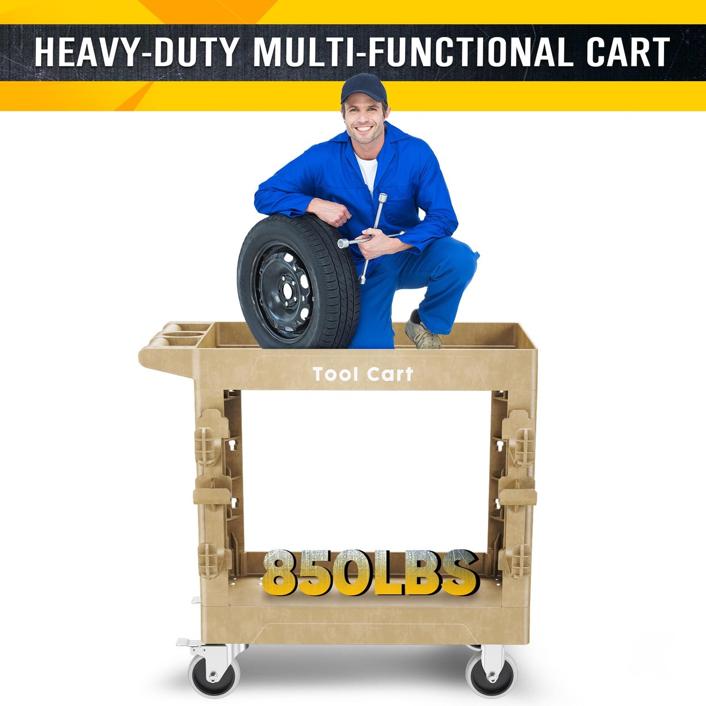 Utility Cart on Wheels, 850Lbs Heavy Duty Plastic Rolling Cart with Upgraded Side Tube Holder Hooks&Full Swivel Wheel, 34 x 17 Inch Deep Shelve 2 Tier Service Cart for Warehouse/Garage/Cleaning, Wood