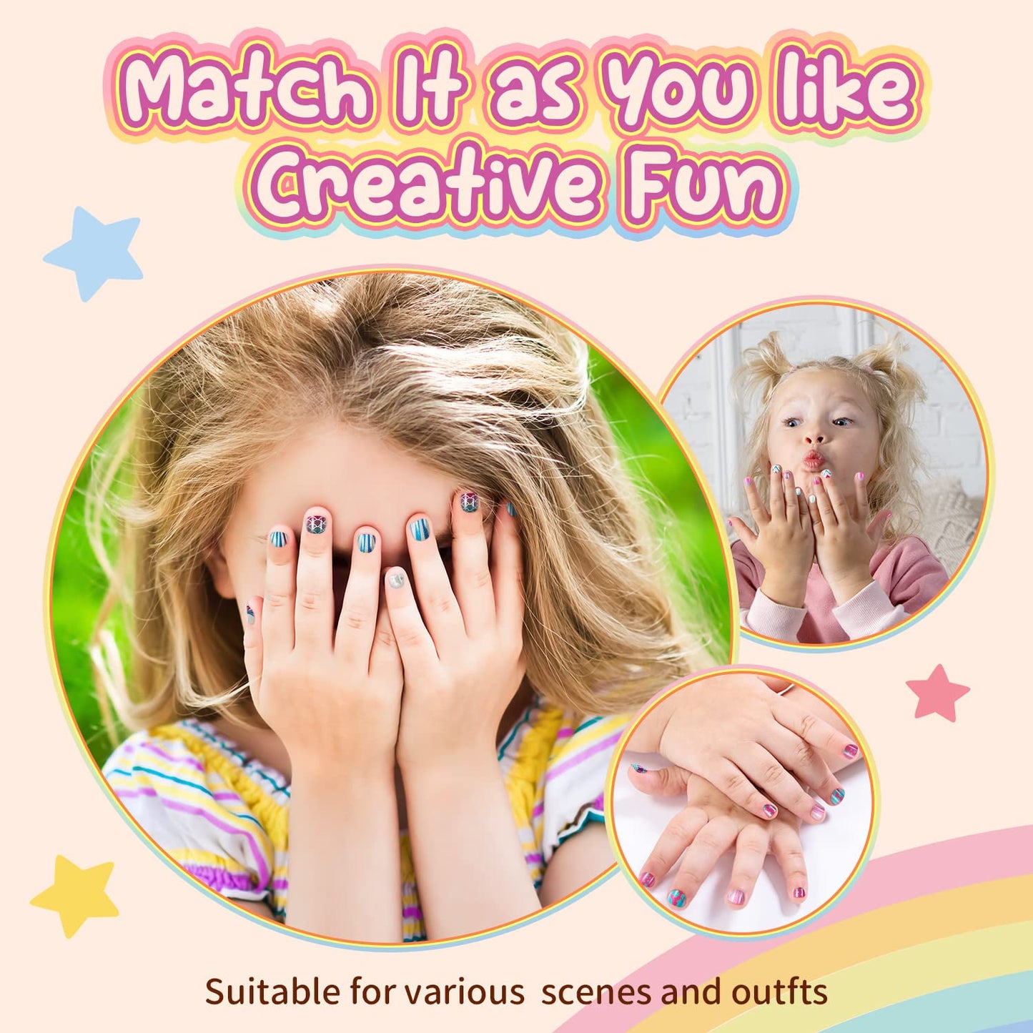 Modelones Press on Nails for Kids 144Pcs 6 Pack Children Acrylic Fake Nails Pre-glue Full Cover Glitter Color Mermaid Beach Short False Nail Art Kits Sets Gifts for Girls