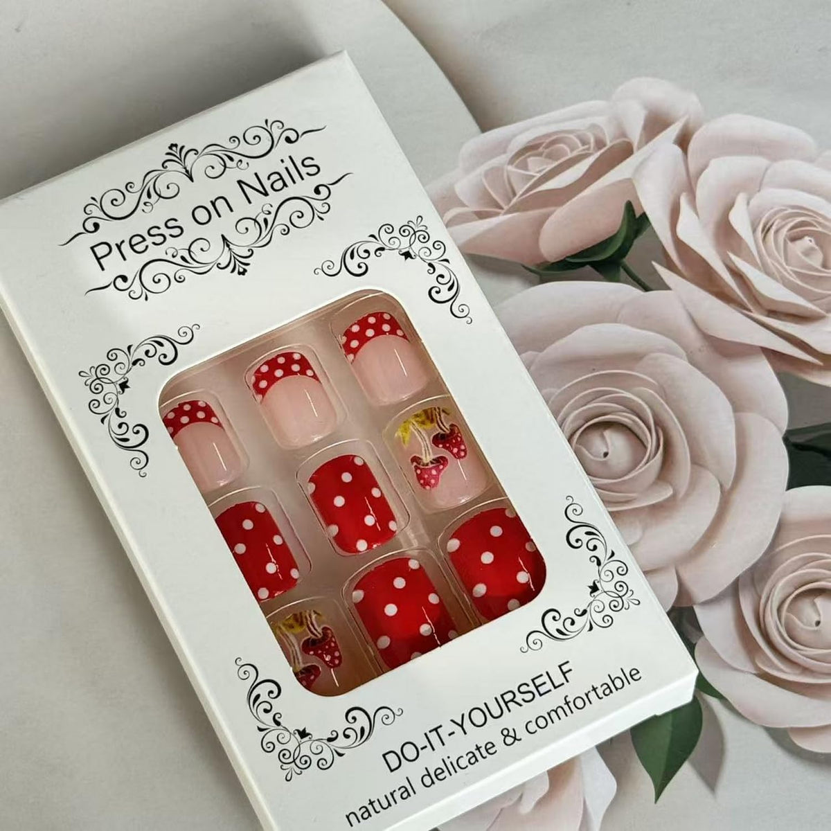 Red Press on Nail Short Square Fake Nails Full Cover Red with Polka Dot Stick on Nail French Tip Press ones Glossy Mushroom Pattern Cute Acrylic Nails Reusable Manicure For Women Nail Supplies24pcs