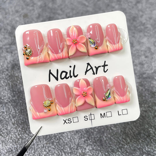 Handmade Press On Nails Short Duck Red Homemade Press On Nails French Tip With 3D Design Fake Nail Art For Women M