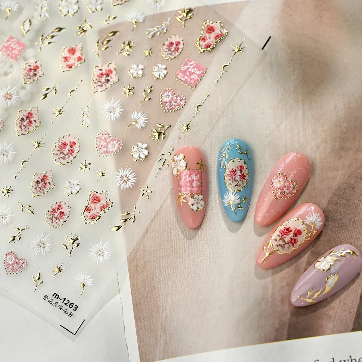 Gold Nail Art Stickers 5D Embossed Golden Frame Nail Stickers Heart Flower Leaf Star Moon Nail Decals Luxury Self-Adhesive Nail Art Supplies for Women Girls DIY Manicure 1 Sheet