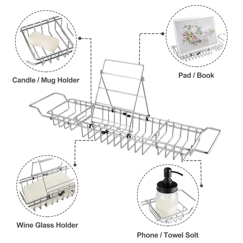 HOMEE Stainless Steel Shower Caddy Tray with Removable Book Holder, European Style Extendable Rectangular Bathroom Tray for Shower Bath Phone IPad Book Holder Candleholder Table Shelf - Silver