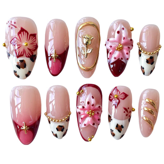 Handmade Press on Nails, Medium Almond Shape, 3D Floral Design with Gold Accents, Leopard Print Acrylic False Nails (Gilded Feline, M)