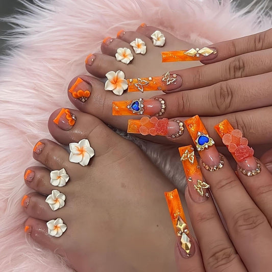 48Pcs Ombre Orange French Tips Press on Nails Long Square Fake Nails with Hearts Bear Charm Design Butterfly Diamond False Nails Short Square Press on Toenails Flower Fake Toenails for Women Manicure