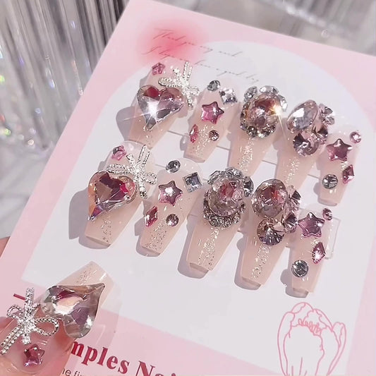SINHOT Luxury Press on Nails - Long Coffin Fake Nails 3D Handmade Reusable False Nails with Rhinestone Designs,DIY Artificial Nail Art, 24pcs