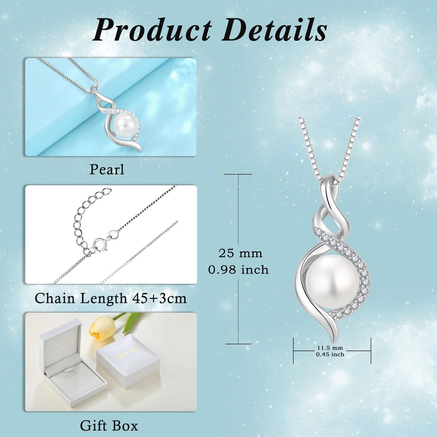 Rocayi Pearl 925 Sterling Silver Infinity Earrings and Necklace Jewelry Set for Women