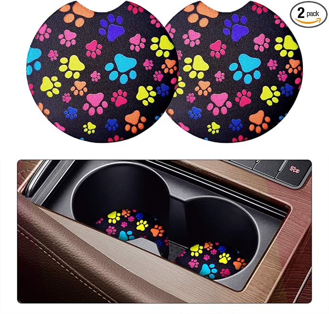 2 Pack Car Coasters for Drinks Absorbent - 2.75 Inch Cute Car Cup Holder Coasters for Women, Removable Cup Holder Coaster for Your Car, Car Interior Accessories for Women & Girls (Cat's Footprints)