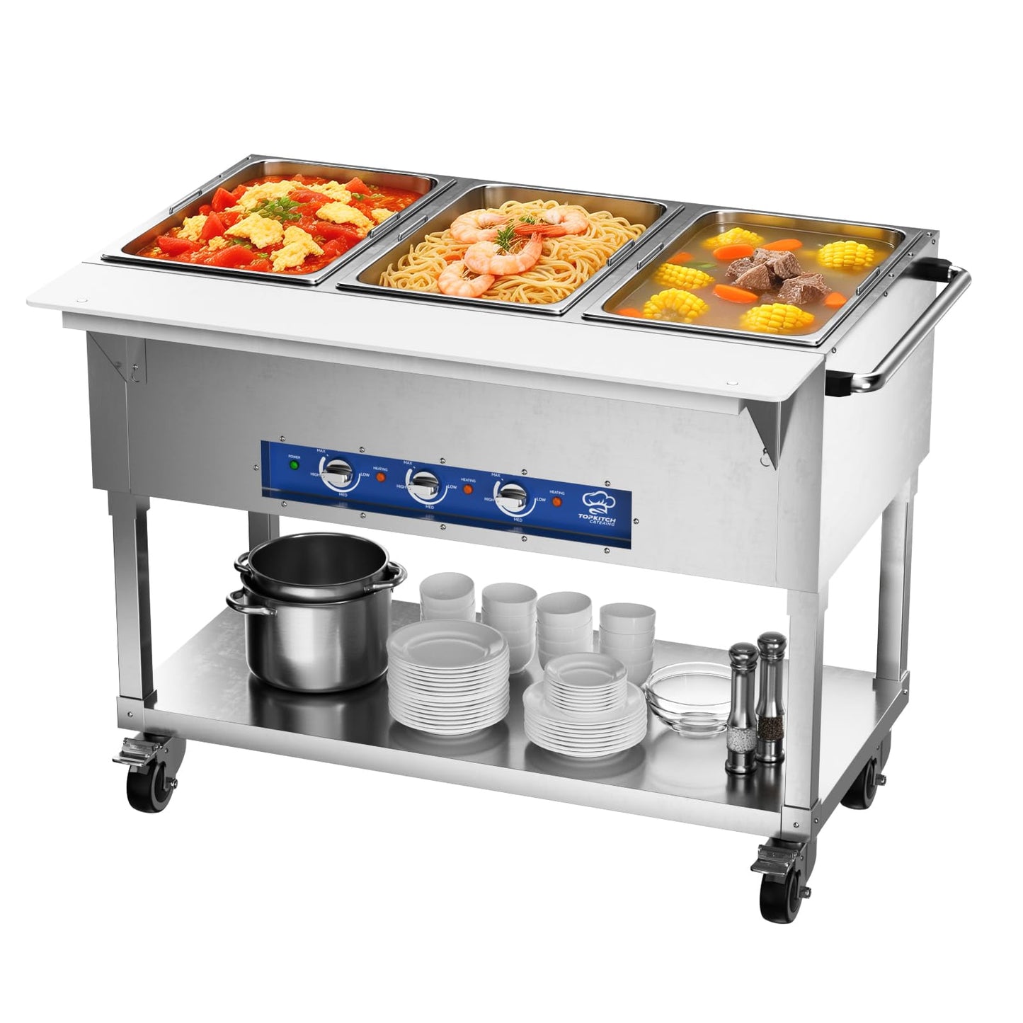TOPKITCH Commercial Electric Food Warmer Soup Station - 3 Independent 19.5L Pans with German EGO Thermostat, Rolling Stand with Adjustable Shelves for Restaurant, Catering, Party