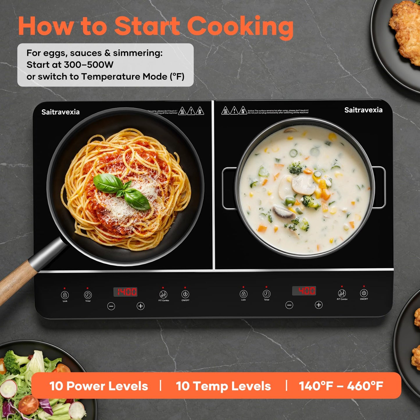 Saitravexia 24 Inch Double Induction Cooktop, Touch Control Electric Cooktop with Dual Burners, Shared 1800W Power, Low-Power Continuous Heating, Countertop Use