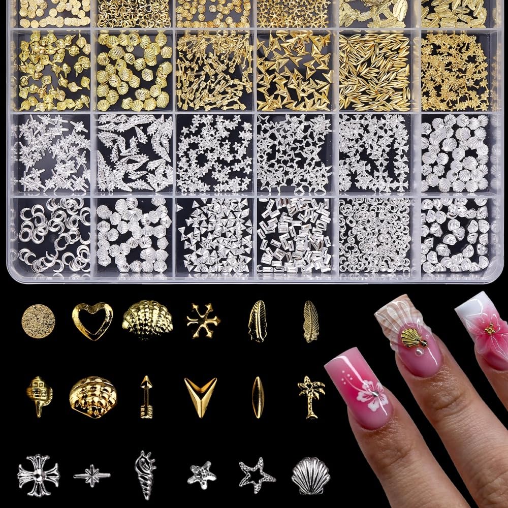 Gold Silver Nail Charms 3D Alloy Flower Nail Gems Metal Moon Star Nail Jewels Multi-Shapes Ocean Beach Starfish Seashell Leaf Nail Art Supplies with Tweezer for Women DIY Acrylic Nail 24 Grids 1 Box