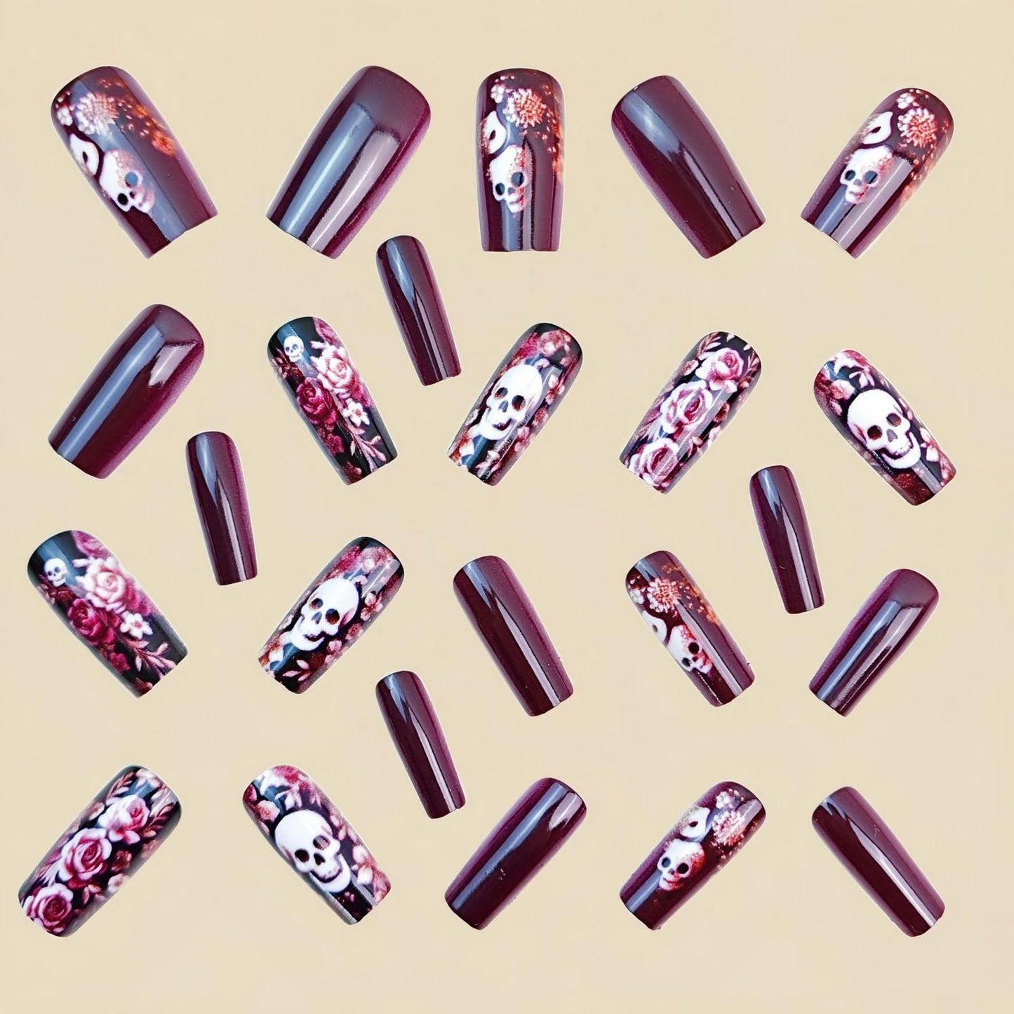 Halloween Press on Nails Long Square Fake Nails Floral Stick on Nailss The Day of Dead False Nail with Skull designs Red Horror Glue on Nails Full Cover Acrylic Nail for Women Nail Supplies24pcs