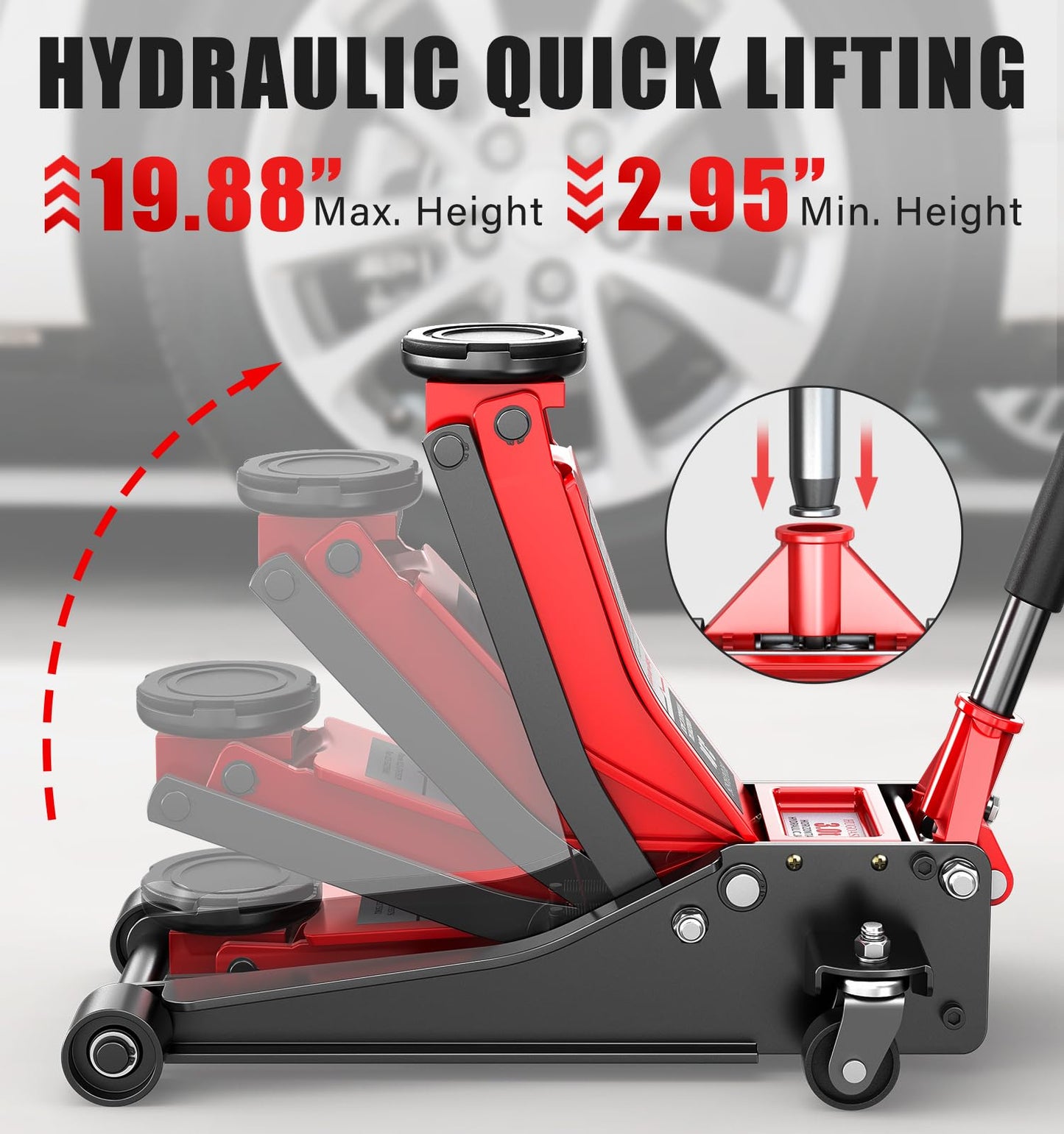 HUGOASIS 3 Ton Dual Pump Low Profile Floor Jack,Lifting Range 2.95" to 19.88", Heavy Duty Steel Hydraulic Car Jack with Fast Lift & 360° Swivel Wheels for Truck,SUV,Garage, Sport Utility Vehicle,Red