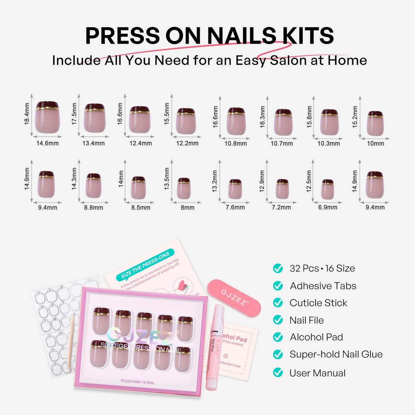 Brown French Tip Press on Nails Short Square - GJZEZ Soft Gel Glossy Autumn Thanksgiving Fall Fake Nails Press ons with Gold Stripes Designs for Women | 16 Sizes - 32 Reusable False Nail, Espresso