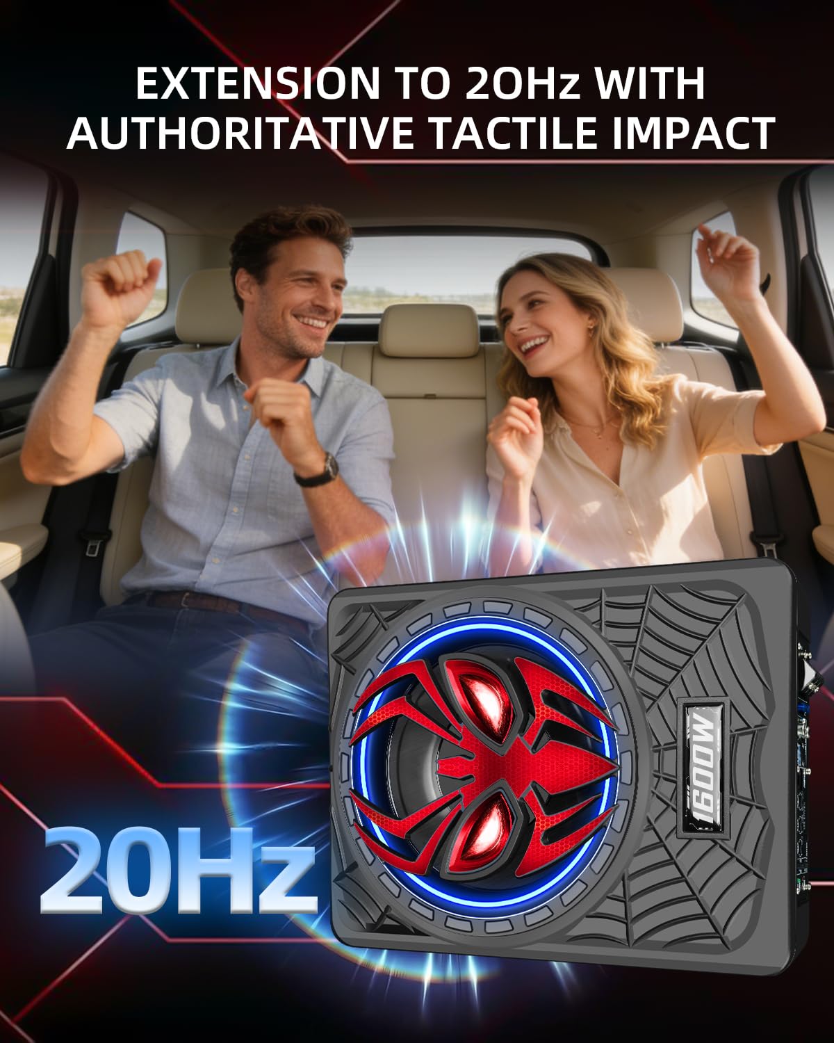 SUBPULSIX 1600W Slim Under seat Car Subwoofer and Amp Package, Powered Subwoofer with Built-in Class D Amplifier, Cast Aluminum Body, LED Ambient Light Switch, Deep Bass Subwoofer for Car, Truck, SUV