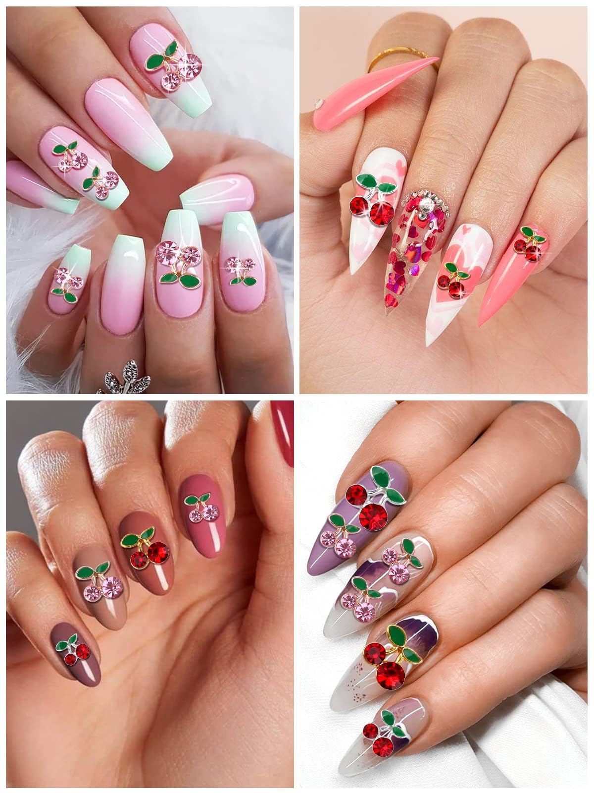 48Pcs Cherry Nail Rhinestones, Kalolary 3D Valentine's Day Charm Red Pink Fruit Diamond Crystal Nail Studs Alloy Nail Gems for Women Nail Art Decoration