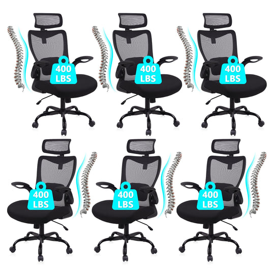 CLATINA Heavy Duty Ergonomic Mesh Office Chair 400LBS, Big and Tall Desk Chair with Adjustable Lumbar Support & Headrest, Flip Up Padded Arms, Swivel Computer Chair for Home, Conference, Black, 6 PACK