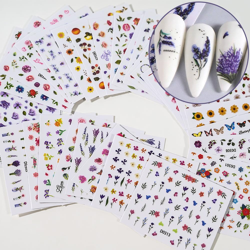 30 Sheets Flower Nail Stickers for Nail Art, 3D Self-Adhesive Wildflower Nail Decals, Sunflower Lavender Spring Nail Supplies Nail Art Design Accessories for Women and Girls Manicure DIY Decoration