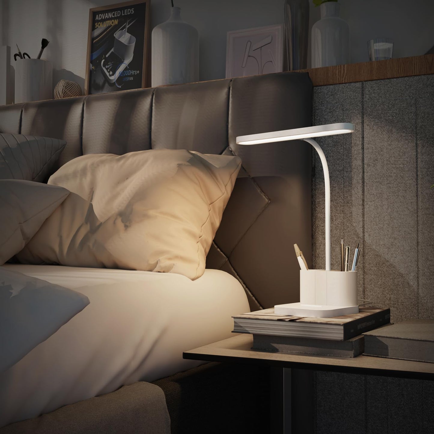 AXX White Desk Lamp for College Dorm Room, Cute, LED, Dimmable, Small, Pen Holder, Flexible Gooseneck, Touch Control, Table Lights for Home Office Bedrooms, School Essentials for Girls Guys