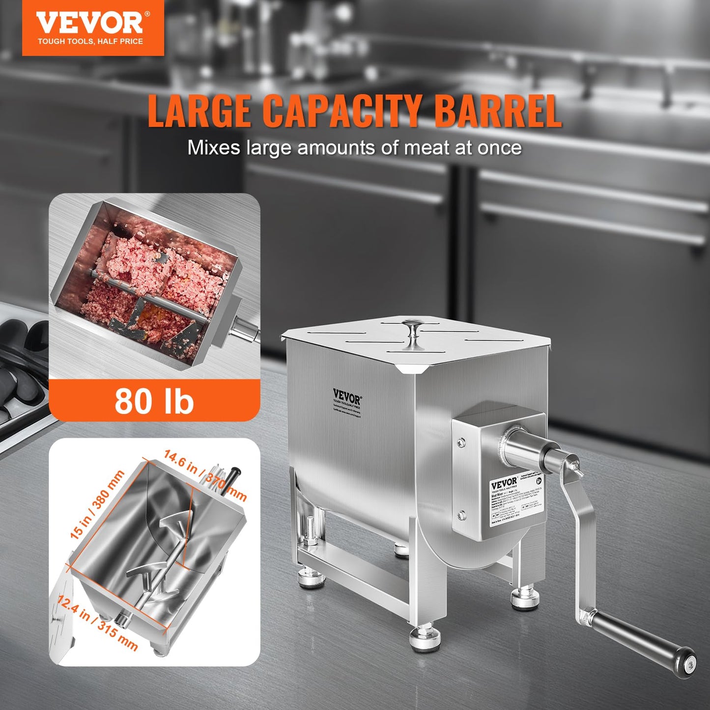 VEVOR Manual Meat Mixer, 80 Pound Capacity Tank Meat Processing Equipment, Stainless Steel Meat Mixer, Sausage Mixer Machine with Lid and Handle, Ground Beef Hand Mixer, Silver
