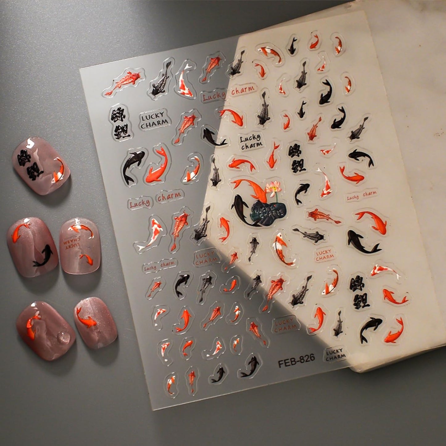Spring Summer Nail Art Stickers 5D Embossed Nail Decals for Acrylic Nails Black Red Koi Fish Nail Stickers for Nail Art Self Adhesive Nail Design Supplies for Women Girls