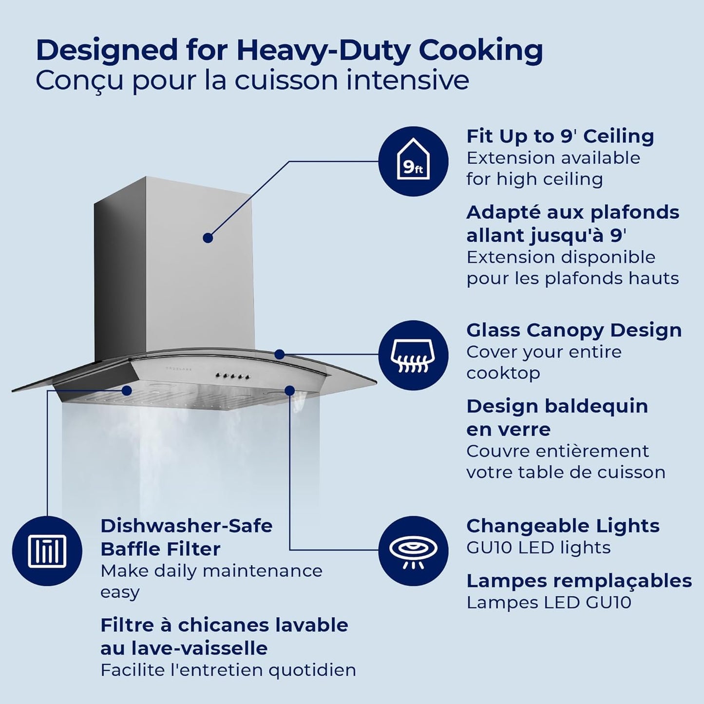 Hauslane Range Hood Wall Mount 30 inch Ducted/Ductless Convertible Kitchen Hood with Stainless Steel and Tempered Glass Stove Vent Hood, 3 Speed, LED Lamps, European Style WM-630