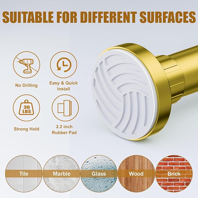 Ausemku Shower Curtain Rod 32-50 Inch Adjustable - 1 Inch Diameter Heavy Duty No drill Spring Tension Shower Rod, Non-Slip Rustproof Telescopic Rod for Bathroom, Gold