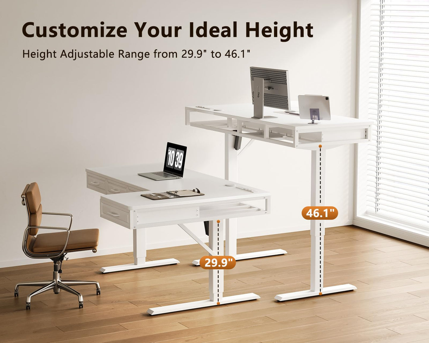 OffiGo L Shaped Electric Standing Desk with Wooden Drawers, 55 Inch Height Adjustable Corner Workstation with Power Outlets, Sit Stand Table for Home, Office, White