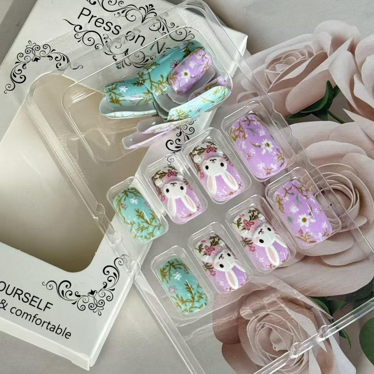 Easter Press on Nail Medium Length Square Fake Nails Pink Green Stick on Nail with Floral designs 3D Bunny Cute Glue on Nails Full Cover Acrylic False Nails for Women Party Manicure Decor24pcs