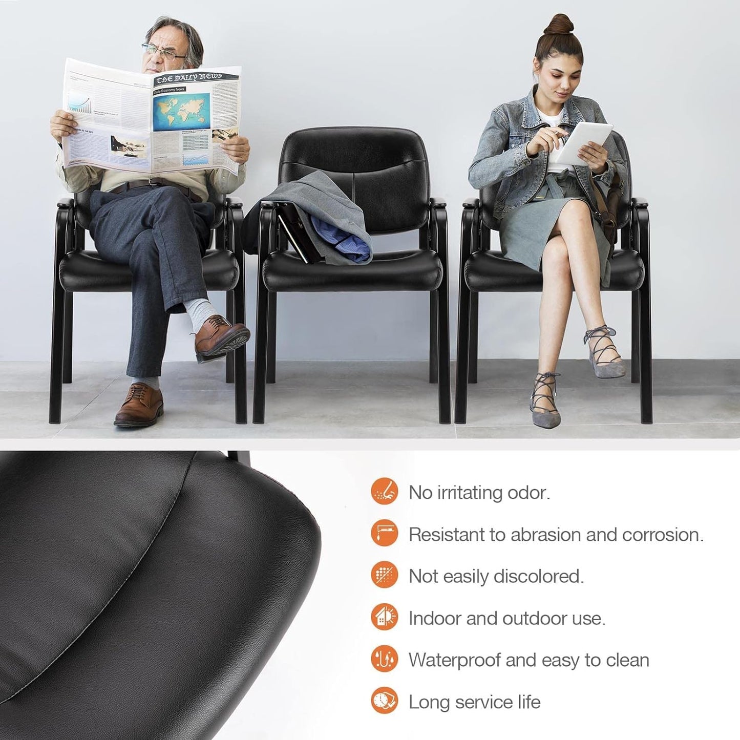 Sweetcrispy Office Reception Guest Chair No Wheels Set of 6, Leather Stationary Waiting Room Chairs with Padded Arms for Elderly Desk Conference Room Lobby Table Side Salon