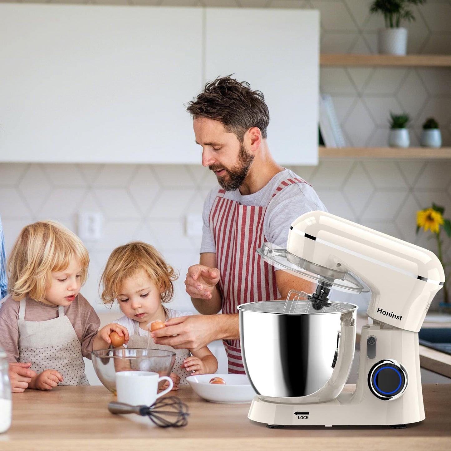 Honinst Stand Mixer, 6.5QT 10-Speed Tilt-Head Electric Stand Mixer, 3-In-1 Kitchen Mixer with Bowl, Dough Hook, Whisk and Beater, Food Mixer for Baking, Cake and Most Home Cooks, Beige