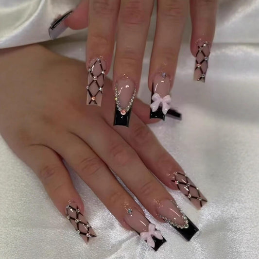 Octoswave Square Press on Nails Medium Fake Nails French Artificial Nail Bow and Rhinestones Stick on Nail for Women 24pcs