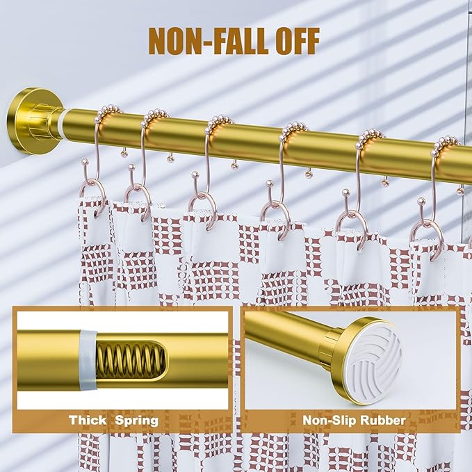 Ausemku Shower Curtain Rod 32-50 Inch Adjustable - 1 Inch Diameter Heavy Duty No drill Spring Tension Shower Rod, Non-Slip Rustproof Telescopic Rod for Bathroom, Gold