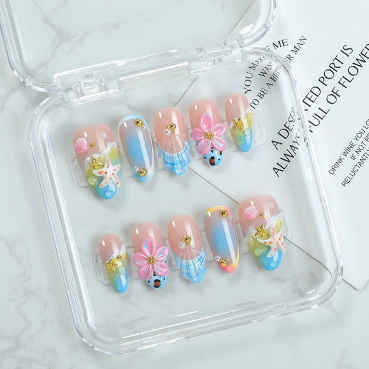 Threelegscat Summer Nails Medium Almond, Press on Nails Pink Nude with 3D Flower Starfish Shell Design,Reusable & Easy to Apply for Women Beach Vacation and Daily Wear Size M10PCS