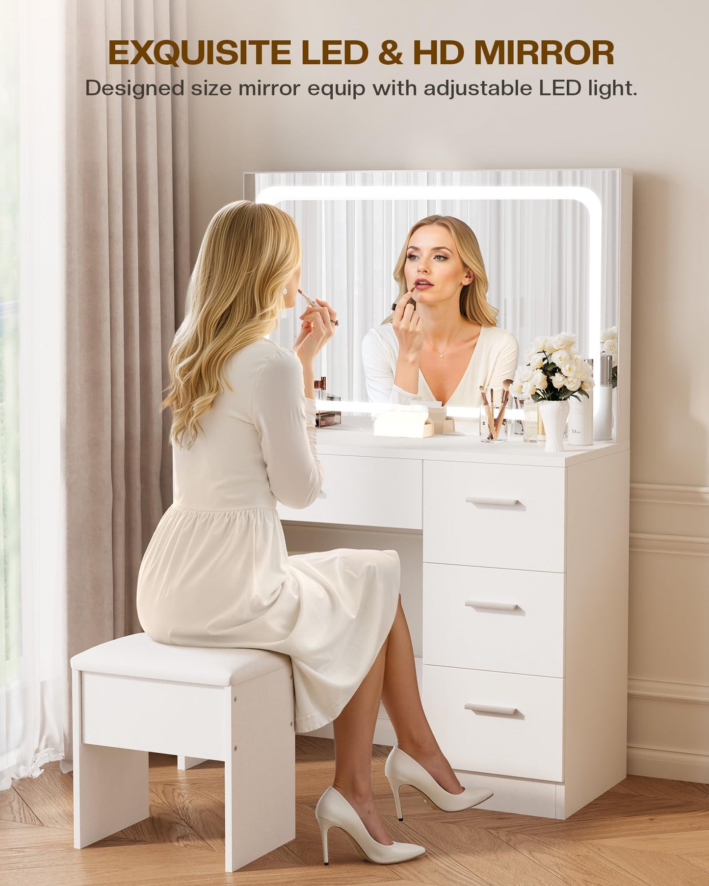 LIVELYGLOW Makeup Vanity Desk with Charging Station & LED Mirror – 35.4" Vanity Table with 4 Drawers, Hair Dryer Rack, & 3 Lighting Modes – Modern Bedroom Furniture (15.7"D x 35.4"W x 53.9"H), White