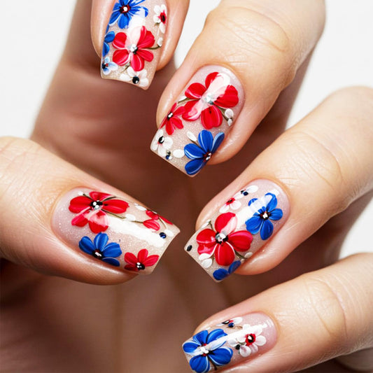 Red White Blue Flower Press on Nails, Medium Square Fake Nails with Patriotic Floral Design, Glossy Gold Glitter False Nail Reusable Glue on Artificial Nails for Women 4th of July Summer Wear